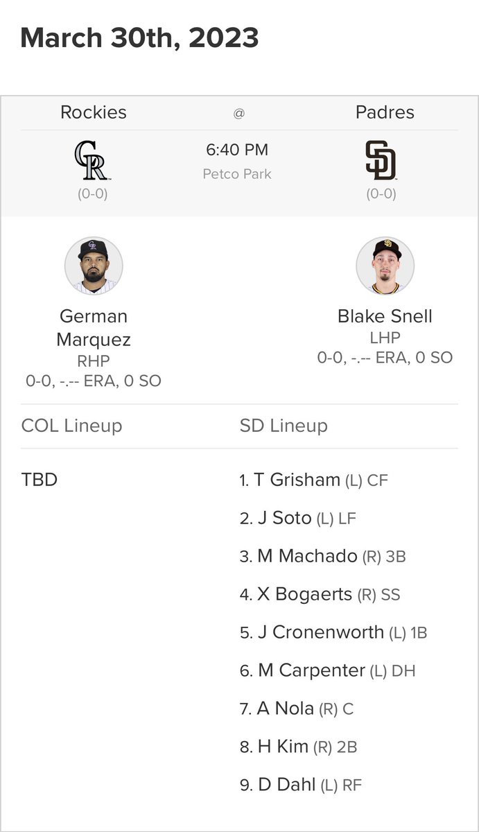 Neboonator's tweet photo. LET’S GO!!!!!!! ⁦@Padres⁩ #startinglineup #openingday https://t.co/RdhuLXz0UD