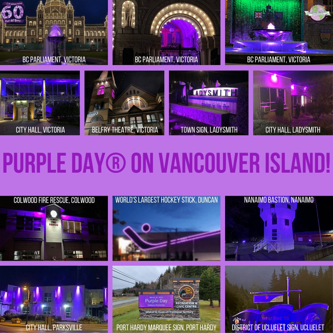 BCEpilepsy's tweet photo. Vancouver Island lit up purple on #PurpleDay on March 26th! This includes landmarks pictured in our graphic in Victoria, Colwood, Duncan, Ladysmith, Nanaimo, Parksville, Port Hardy, and Ucluelet and landmarks not pictured in our graphic in Esquimalt. Thank you everyone! #Epilepsy https://t.co/7kJCoqrZlA