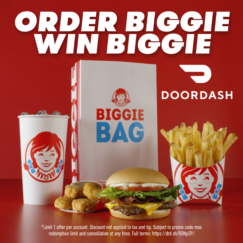 Wendys's tweet photo. Your hour starts now!

From now until 7 PM EDT get up to ❗️$30 off❗️ when you add a Biggie Bag to your Wendy's DoorDash order. DON'T FORGET: make sure your cart has at least a $12 subtotal before you apply the code. 

Promo code BIGGIE