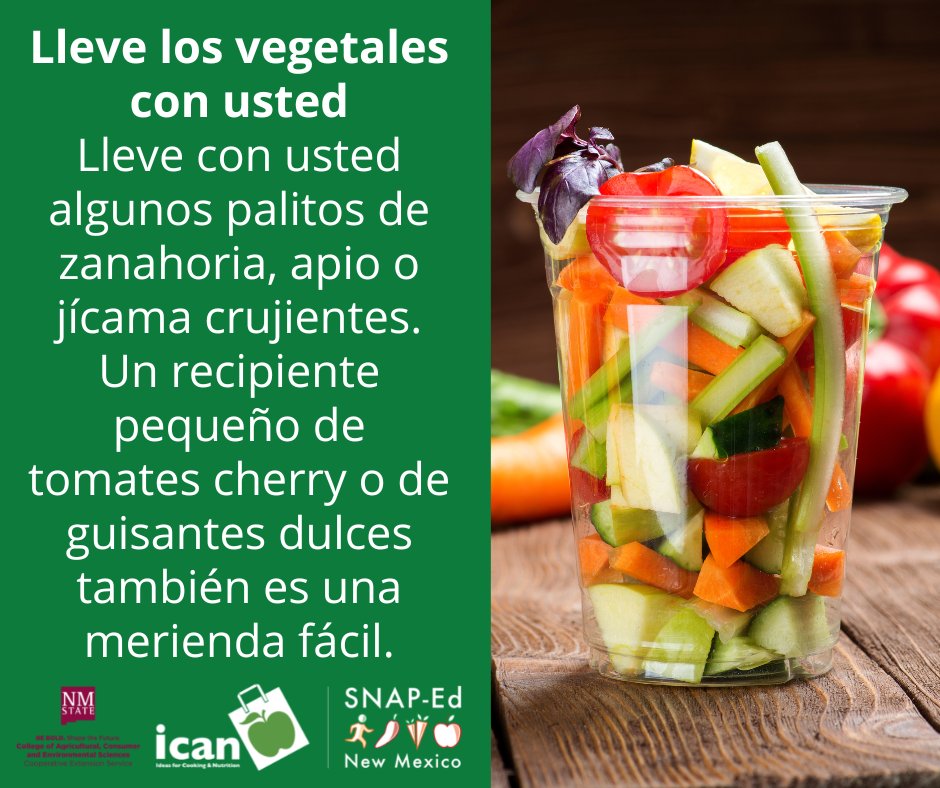 Lleve los vegetales con usted. Lleve con usted algunos palitos de zanahoria, apio o jícama crujientes. Un recipiente pequeño de tomates cherry o de guisantes dulces también es una merienda fácil. #NMSUICAN #Myplate