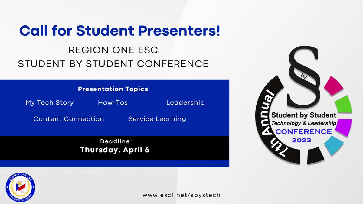 Do you have any leaders in your classroom 🧑‍💻? Share their skills with the region during our Student by Student (#SbySTech) Conference!

Students take the lead at Region One ESC by presenting to their peers on tech topics.

Submit presenter proposals at bit.ly/3ZnFDhS.