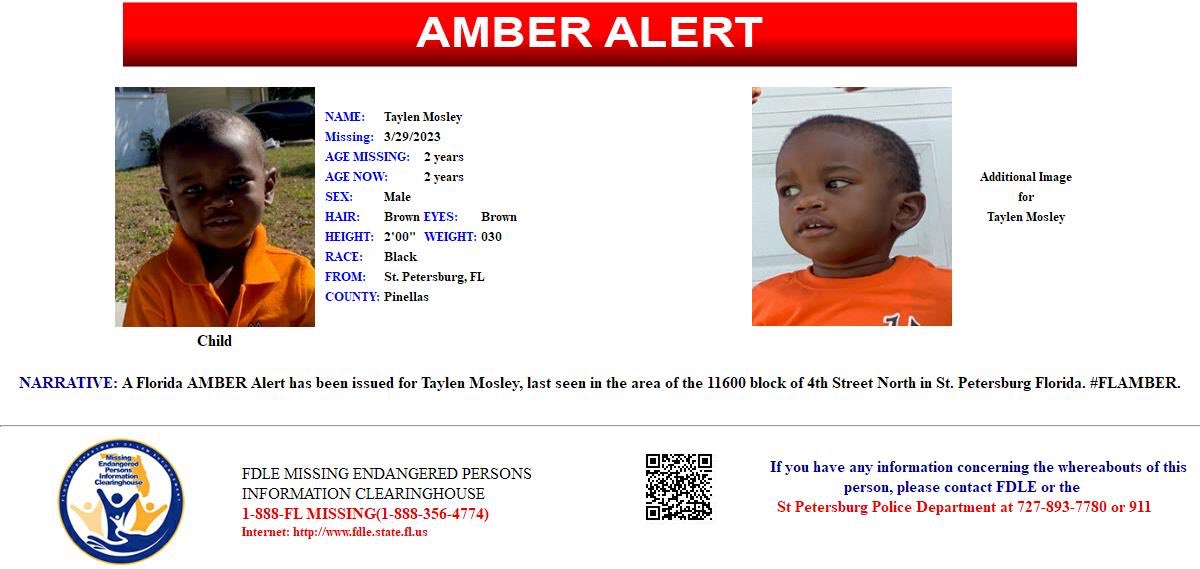 PascoFireRescue's tweet photo. !!PLEASE SHARE!!

A Florida AMBER Alert has been issued for Taylen Mosley, last seen in the area of the 11600 block of 4th Street North in St. Petersburg Florida. #FLAMBER. https://t.co/osJ8j7AHG0