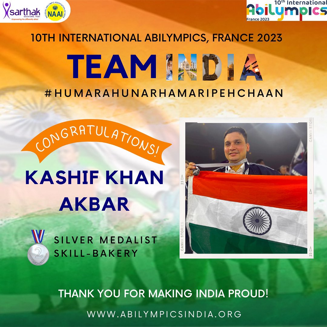 abilympicnaai's tweet photo. Congrats to Mohd. Kashif Akbar for winning a silver medal in bakery category at 10th International Abilympics &amp; for his exceptional talent &amp; hard work. This achievement is a moment of celebration &amp; inspiration for all of us.

https://t.co/smpiHyenBE 

#HumaraHunarHumariPehchaan https://t.co/lUbp2gJ65q