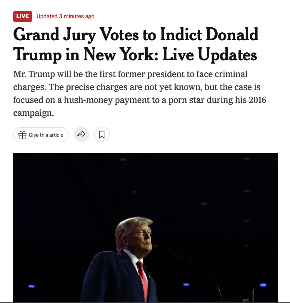 NYT: Grand jury votes to indict Donald Trump in New York. Mr. Trump will be the first former president to face criminal charges.