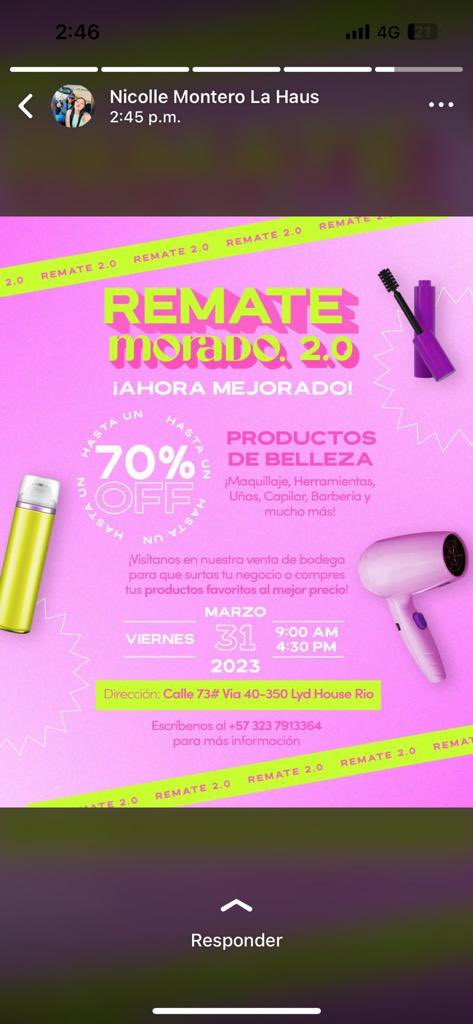 Por si necesitan adquirir productos de belleza. 

Mañana tremenda promoción de hasta el 70% 

<a href="/Morado_Latam/">Morado</a> 

En la calle 73 con vía 40 

Ahí les dejo el link de la empresa para que encuentren lo que necesitan o para que se antojen. 

moradocolombia.com/electricos/nt-…