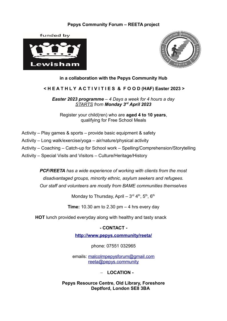 Pepys Community Forum/REETA project - HAF Programme Easter 2023 - in collaboration with Pepys Community Hub.