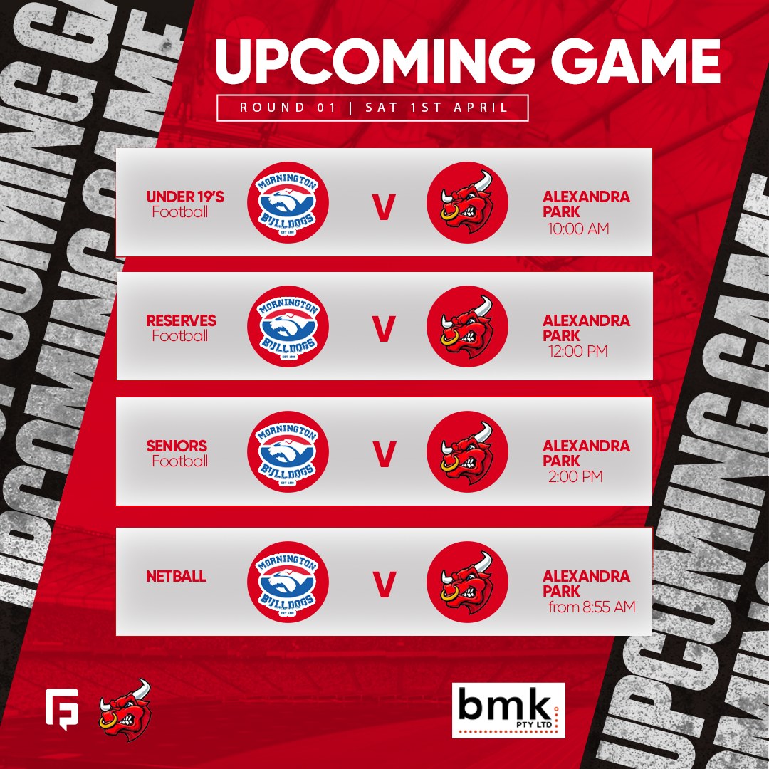 karingalfc's tweet photo. FOOTY & NETBALL IS BACK!!!!
Round One will see us head over to Mornington to take on the Bulldogs for the first game of the season, with thanks to the ongoing support of BMK Commercial Carpenty & Plastering #Bulls #RedVee #local #mpfnl https://t.co/gUVWlPsfaW