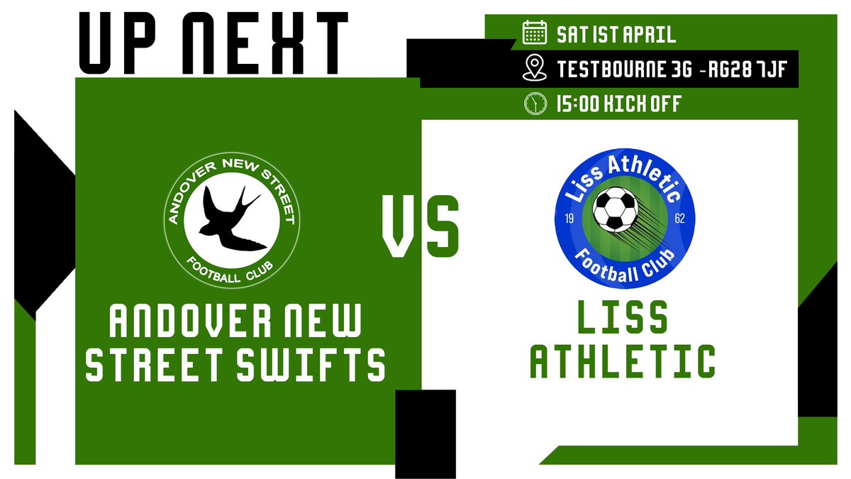 𝗡𝗘𝗫𝗧 𝗨𝗣

With more bad weather forecast we have moved our home game with Liss to Testbourne School 3g to actually get a game of football on !! 

Come &amp; support the lads 🟢⚫️

🆚: <a href="/LissAthleticFC/">Liss Athletic FC</a> 
 🏆: <a href="/HantsLeague/">uhlsport Hampshire Premier League</a>
📌: RG28 7JF
🧭: tinyurl.com/Liss2
⏰: 15:00
💵: Free