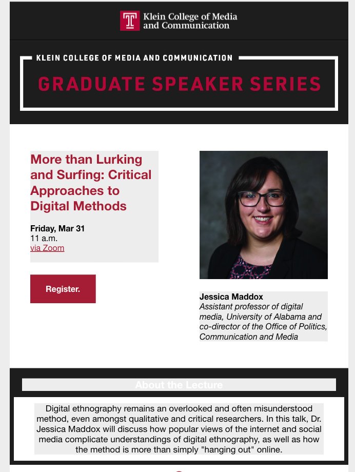 Dr. Jess Maddox (@drjessmaddox) on Twitter photo Tomorrow! I'll be giving a virtual talk to <a href="/temple_mcphd/">Temple M&C PhD</a> on digital ethnography and all things Internet cats at 11 Eastern, 10 Central. Join us!
temple.zoom.us/meeting/regist… Tomorrow! I'll be giving a virtual talk to <a href="/temple_mcphd/">Temple M&C PhD</a> on digital ethnography and all things Internet cats at 11 Eastern, 10 Central. Join us!
temple.zoom.us/meeting/regist…