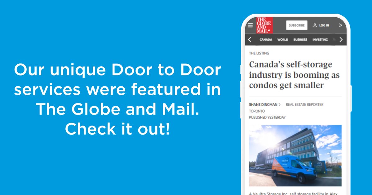 Exciting news! Vaultra Storage's Door to Door pick up and drop off service was recently featured in The Globe and Mail. We're thrilled to offer this convenient service to make storage easier and more accessible for our customers! Check it out! loom.ly/lLI4R20