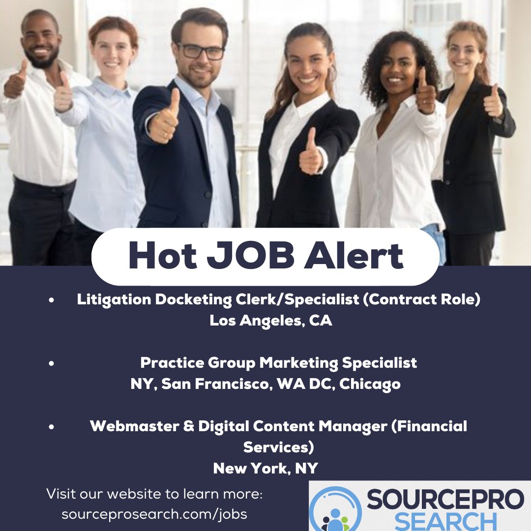 SourceProSearch's tweet image. We are #hiring !

If you are looking for a new opportunity in a Top Rated Global Law Firm, SourcePro Search can help you.

Visit our job website to learn more on the positions we are conducting a search for:
sourceprosearch.com/jobs

#toplawfirms #NewYork #LosAngeles