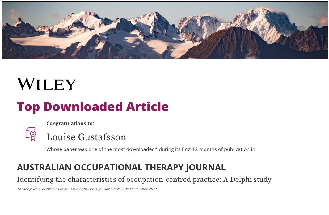 Some great news in my email inbox this morning. Our paper led by @GriffithOT honours graduate Ellie Ford was a #TopDownloadedArticle for papers published in @AusOTJournal in 2021. #Impact #OccupationalTherapy #OccupationCentred @mmolineux @ameliad_ot