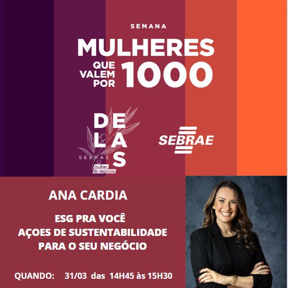 Excited for tomorrow! I will talk about #esg, #Sustainability and women entrepreneurship <a href="/sebraesp/">Sebrae-SP</a>! A great honor and responsibility!