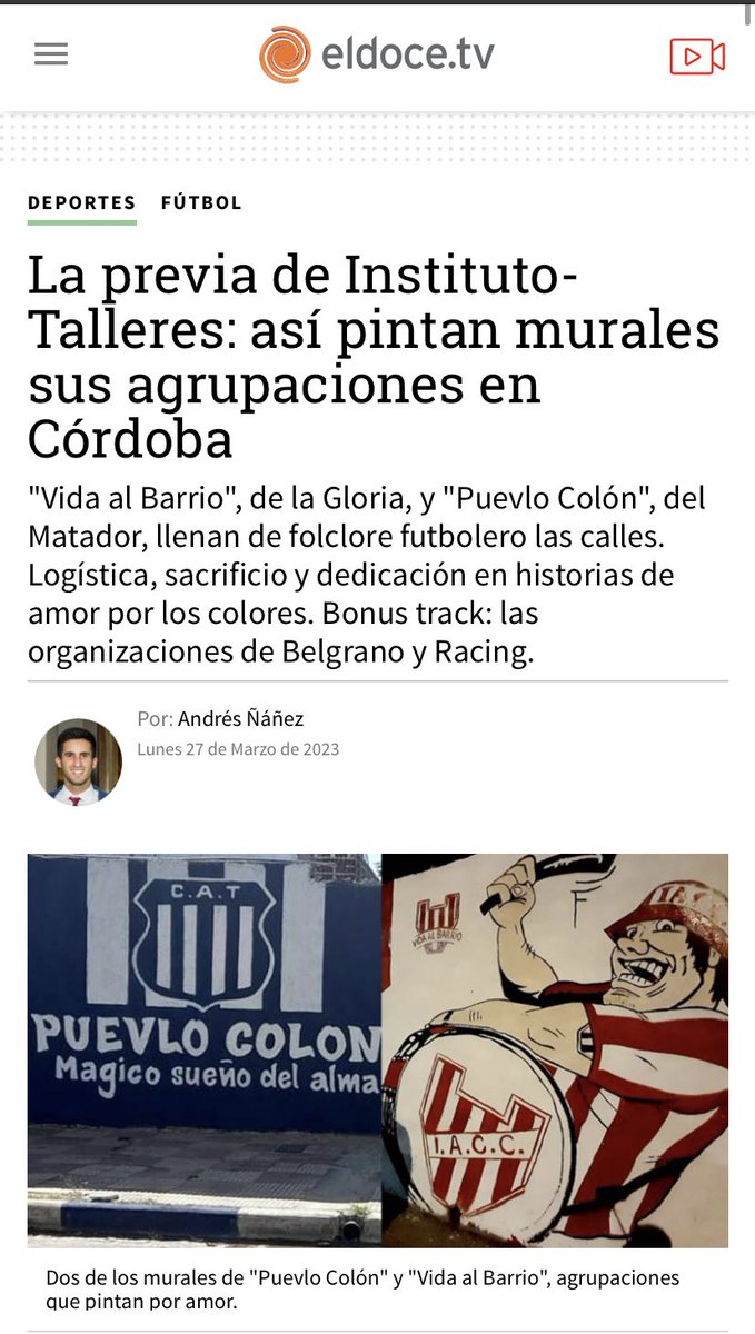 VidaAlBarrio's tweet photo. La previa de Instituto-Talleres: así pintan murales sus agrupaciones en Córdoba https://t.co/WKBIQZLyVf

Gracias @ElDoce 🙌🏻

Vida Al Barrio- Murales Gloriosos🇦🇹
Compromiso, Identidad y Corazón ❤️ https://t.co/J8Gg87xnTj