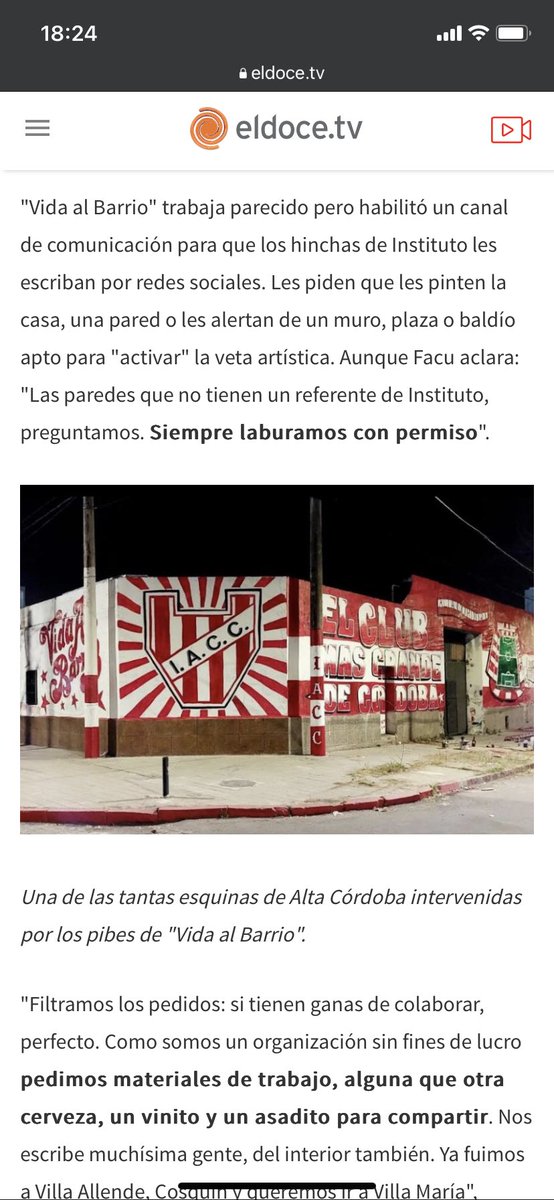 La previa de Instituto-Talleres: así pintan murales sus agrupaciones en Córdoba eldoce.tv/deportes/previ…

Gracias <a href="/ElDoce/">El Doce</a> 🙌🏻

Vida Al Barrio- Murales Gloriosos🇦🇹
Compromiso, Identidad y Corazón ❤️