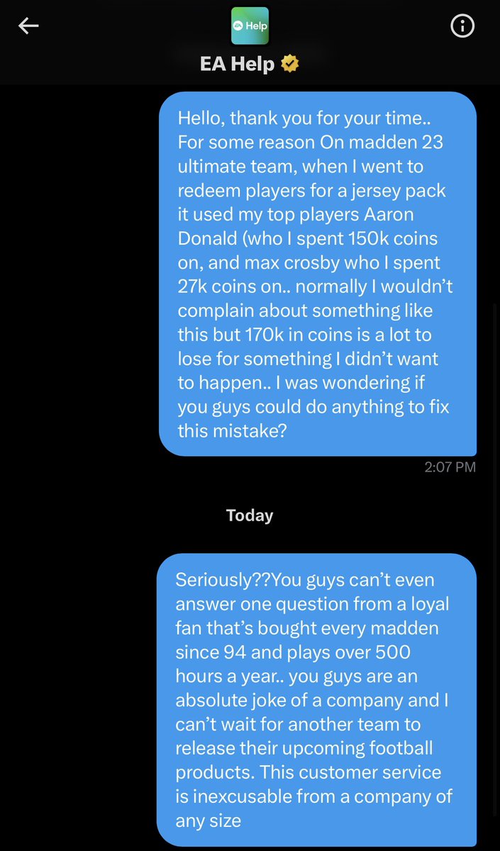 MichaelasCage's tweet photo. EA is an absolute joke of company and won’t even respond to you within 6 months of asking for help.. this company is trash @EA @EASPORTS_MUT @EAMaddenNFL @EAHelp @MaddenNFLDirect @EAMaddenMobile https://t.co/qFtZc3vCaE