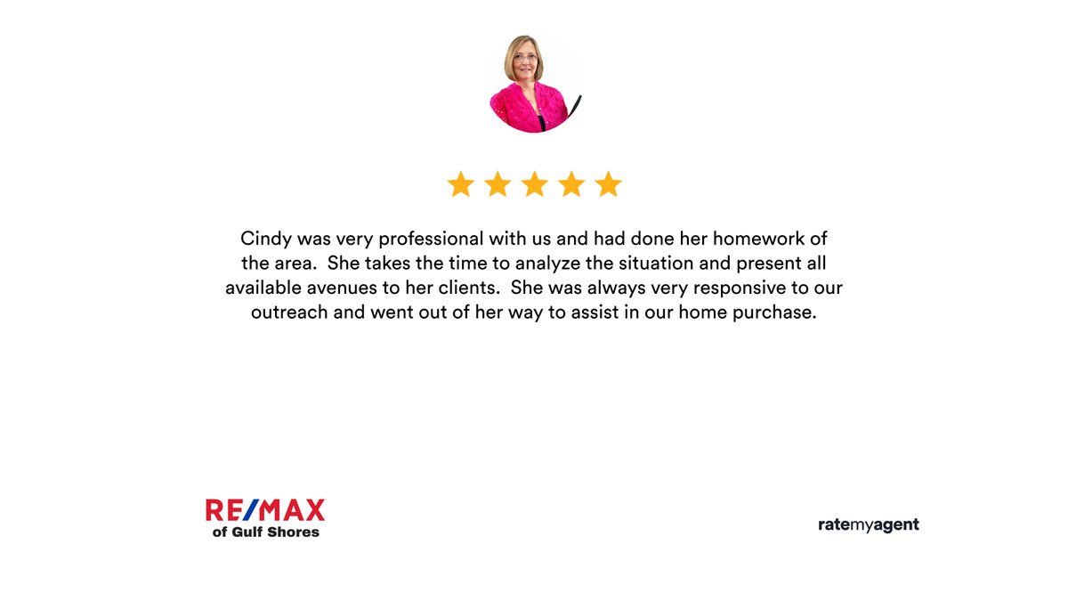 CindyLukeRealt1's tweet photo. My latest review 

https://t.co/CKojf3l8wt

...
#ratemyagent #realestate #REMAX_of_Gulf_Shores https://t.co/ssoF6rPCKb