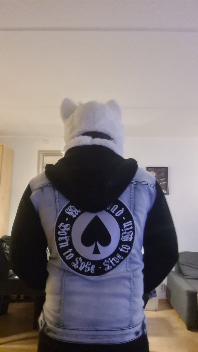 KenkoSW's tweet photo. Here it is!! And i love how it turned out, its my 2nd jeans hoody but 1st with band logo, super stoked about it π€π€©π€ #fursuit #metalfur #jeanshoodie #bullterrier #furryfandom https://t.co/drcifi1xt7