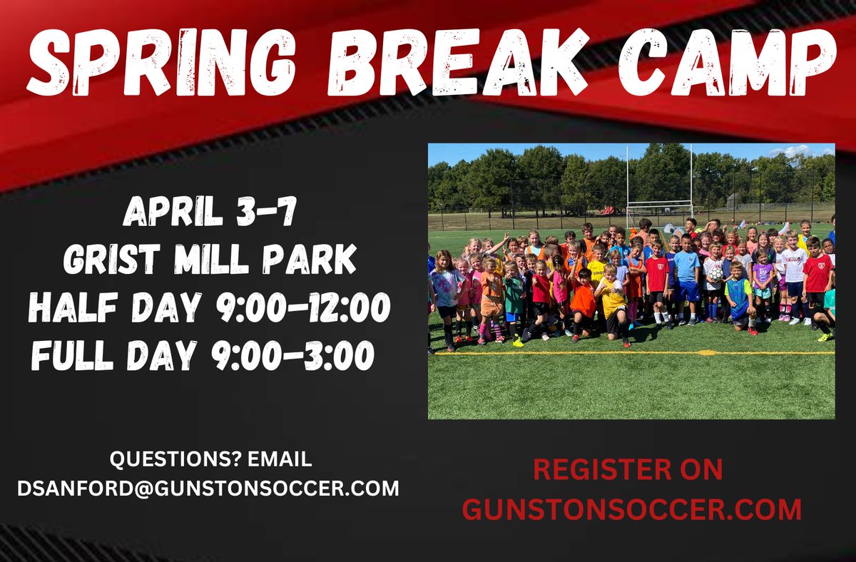 GunstonSC's tweet image. Still a few more days to register for our spring break camp! Camp is for players 5 and older with a half day and full day option.  

gunstonsoccer.com/summer-camps/