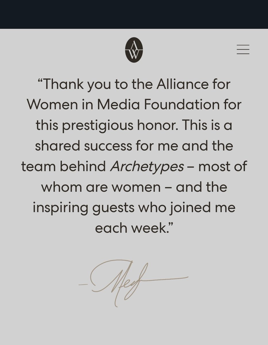 Mediaguy19's tweet photo. #Meghan's thanks for being a Grace Award winner for hosting her podcast #Archetypes. It's published on #HarryandMeghan's own homepage, a reliable source for information about them. https://t.co/7Ponpbdwbq