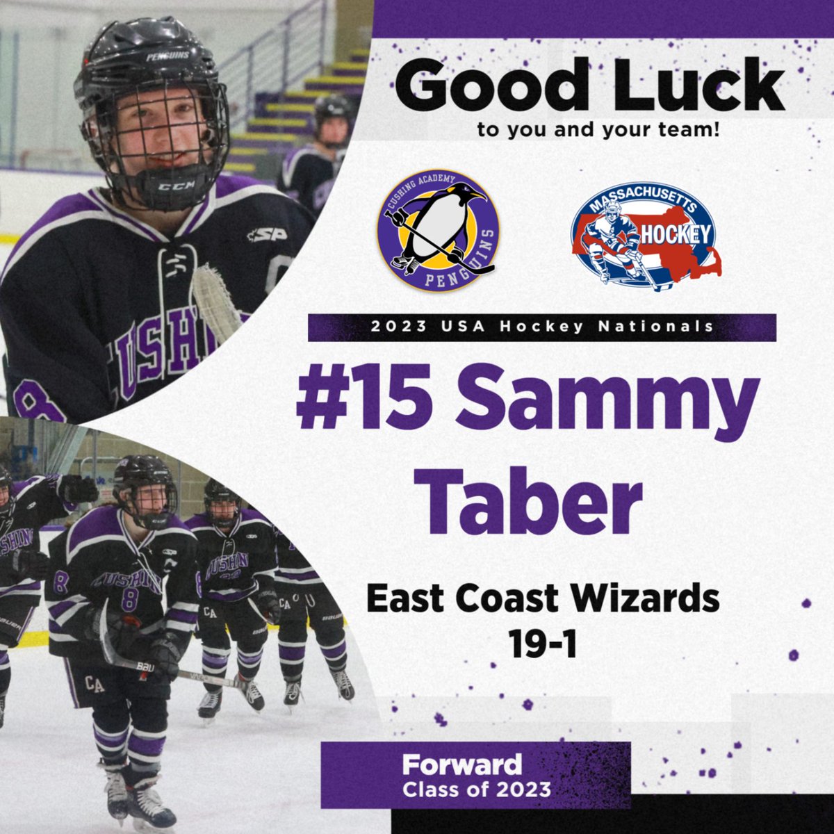 Good luck to our awesome Class of 2023 Penguin Captain, winger, Sammy Taber and her 19-1  East Coast Wizards team. Tabes is in Dallas, TX this week participating in the 2023 Girls National Championships. Work hard, have fun and make lots of memories!
