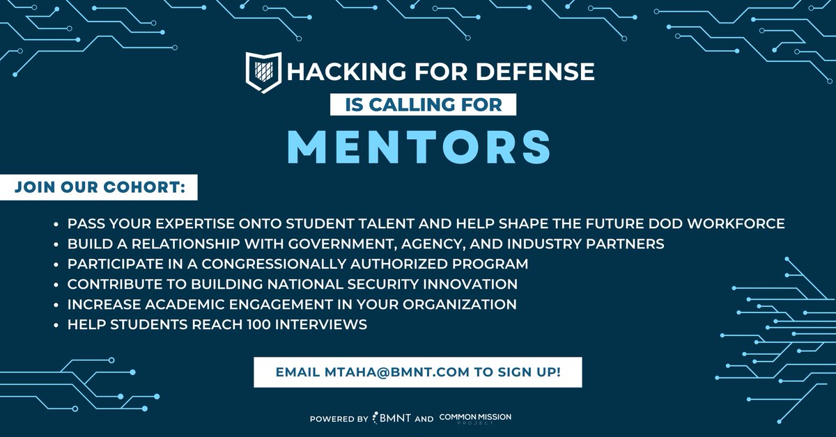 Hacking for Defense (@hacking4defense) on Twitter photo 🗣 Calling all #DoD professionals. Leverage your network and expertise to help Hacking for Defense® (H4D) students reach their interview goal!
👤 To be an H4D mentor for Fall 2023, email your interest to mtaha@bmnt.com. 🗣 Calling all #DoD professionals. Leverage your network and expertise to help Hacking for Defense® (H4D) students reach their interview goal!
👤 To be an H4D mentor for Fall 2023, email your interest to mtaha@bmnt.com.