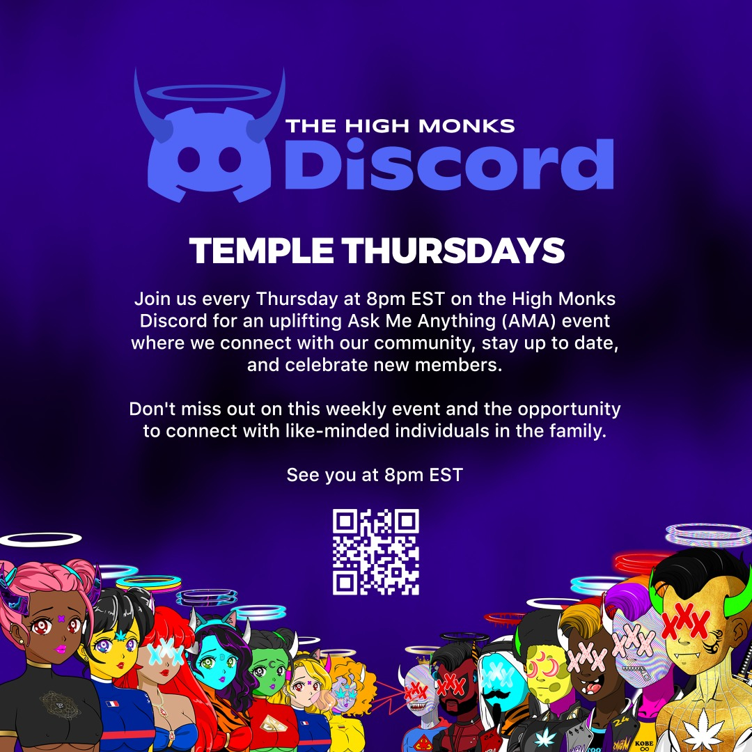 thehighmonks's tweet image. 🌿🔥🎉 Club members, come blaze up with us every Thursday at 8PM EST on Discord for #TheSesh! We're all about counter-culture and celebrating the #cannaindustry. Join us on ROAD to Mile High IRL Event in Denver, Colorado. Plus, we've got FREE tickets! #HighVibesOnly #NFTs 🤘💨💚