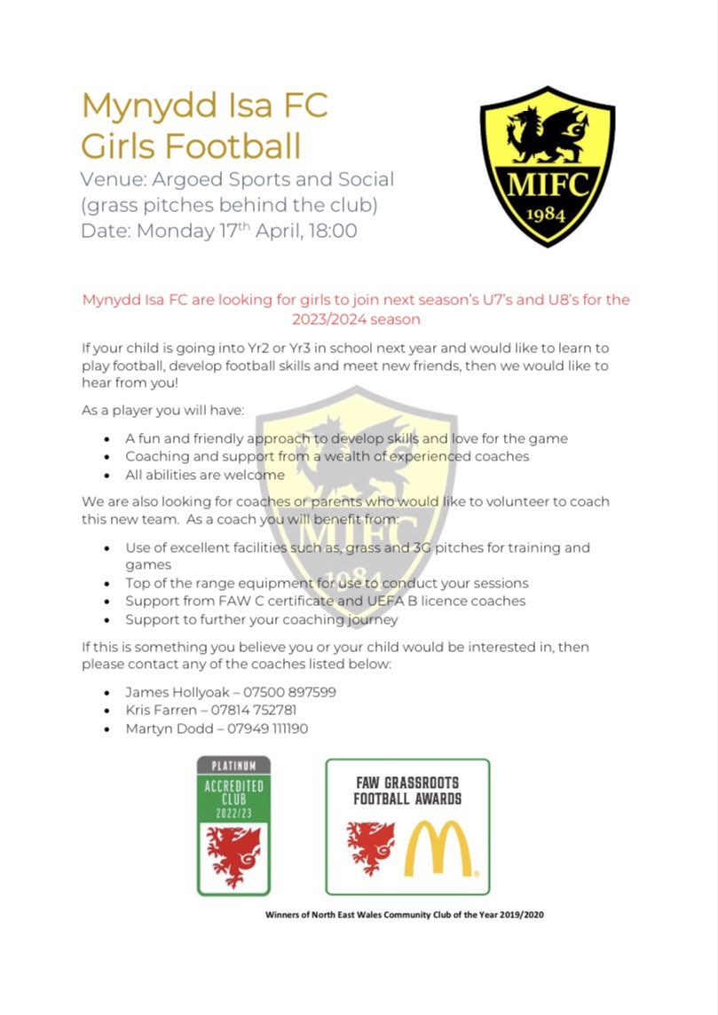 Anyone looking for their daughter to get into football and play in a safe, fun environment, then why not come along to Mynydd Isa FC!