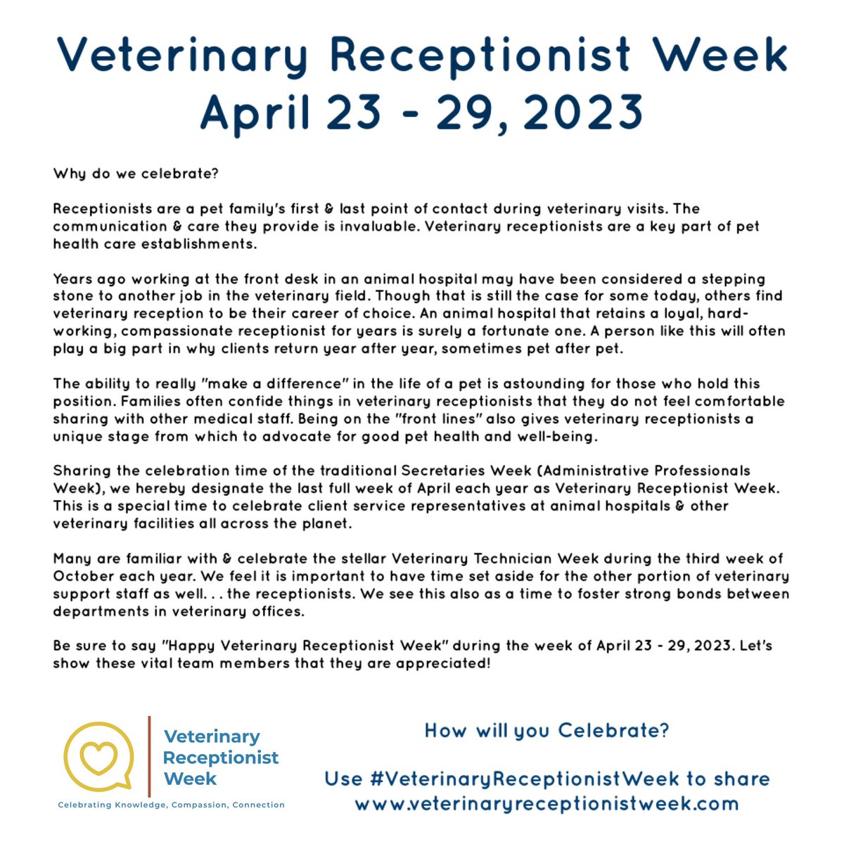 VetReceptZest's tweet photo. Veterinary Receptionist Week will be celebrated April 23 - 29, 2023.

Do you do anything special to spotlight the client service representatives in your hospital? Share ideas in the comments or use #veterinaryreceptionistweek on your posts.

#vetmed #veterinaryteam https://t.co/DC9Xg3SQlc
