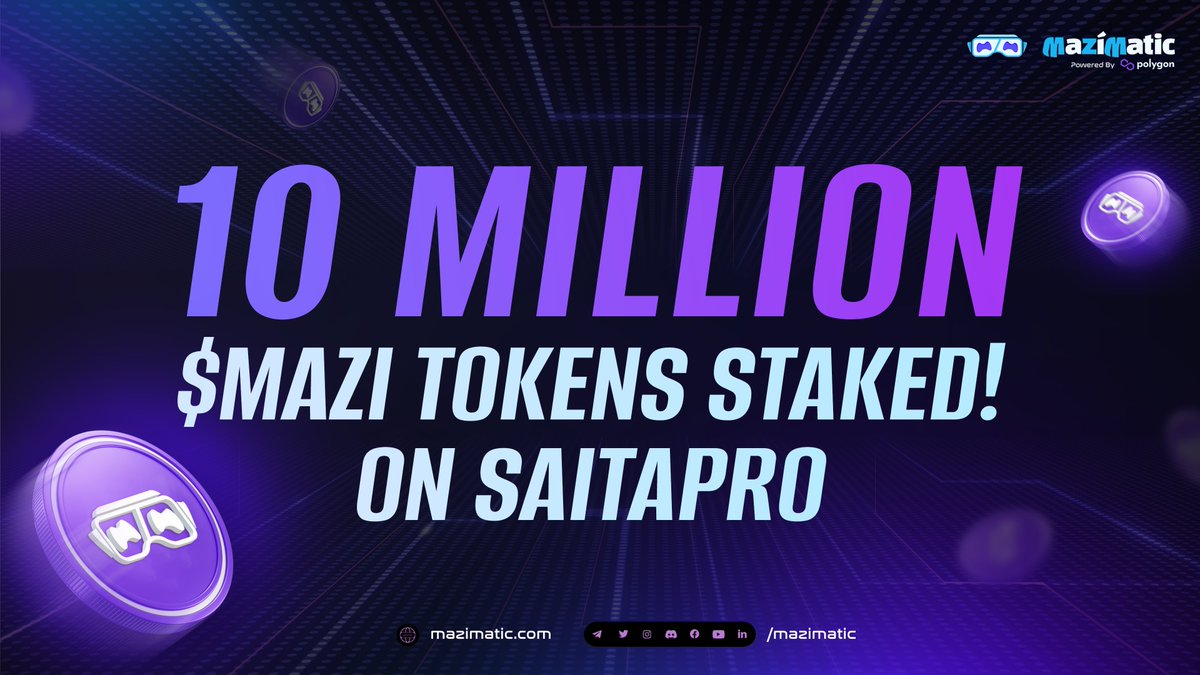 Mazimatic's tweet photo. We've hit a major milestone - 10 MILLION $Mazi tokens staked on SaitaPro! 🚀🎉 

That's 10M tokens earning 22% APY and fueling the future of the real-time, multi-entertainment Metaverse. 🔥

Thank you for your unwavering support - let's keep pushing the boundaries of what's possible and fill the charts! 💫

#MaziMatic #Mazi #Staking #Crypto