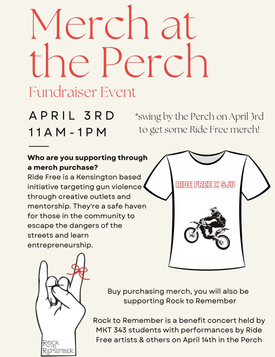 RocktoRemember's tweet photo. Start repping Ride Free X SJU 🔥🔥🔥🎵🎵🎵

Meet us @ the Perch for swag to wear to the concert!! April 3rd 11am-1pm!

#RideFree #SJU #Philly #SaintJosephsUniversity #Kensington #RocktoRemember https://t.co/V4gUESFfMQ