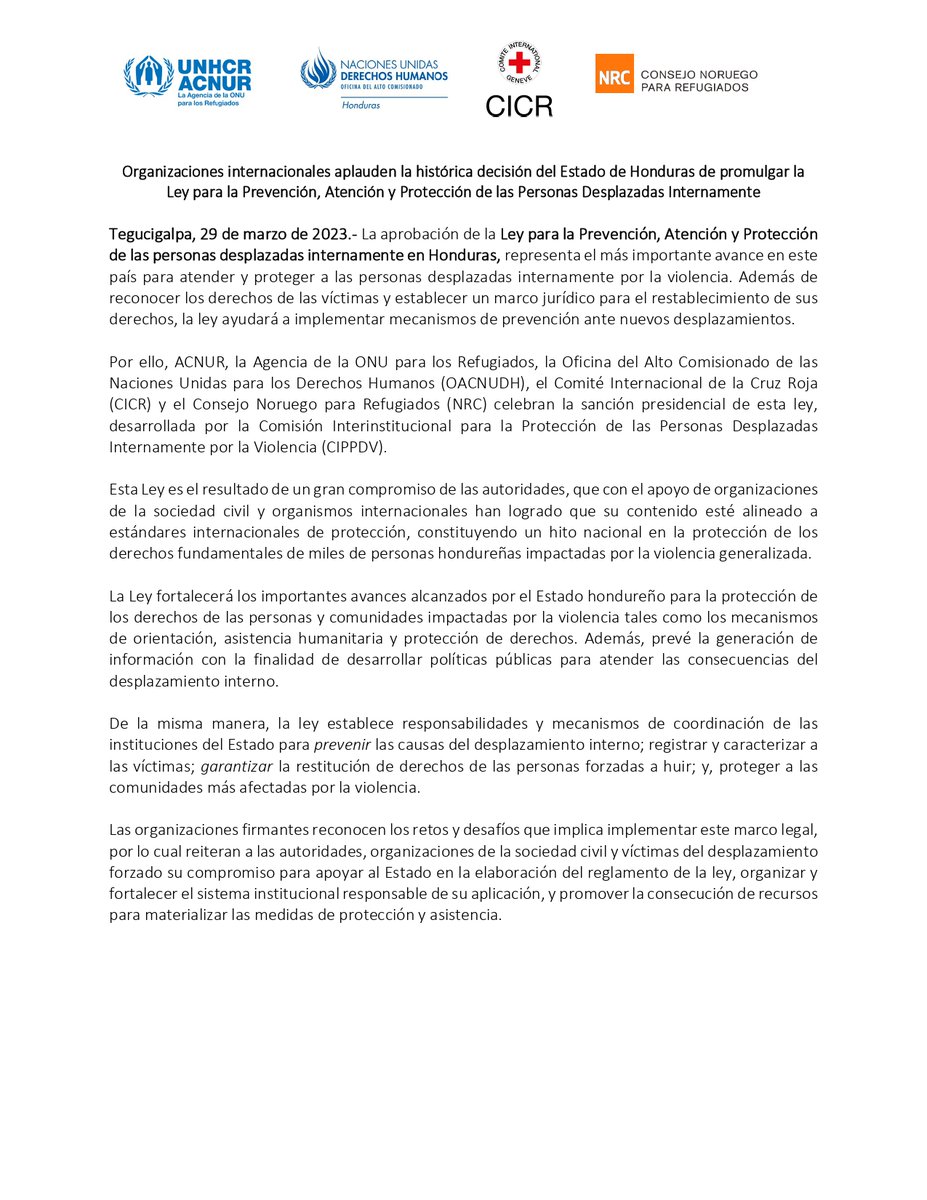 NRC América Latina (@nrc_lac) on Twitter photo Con <a href="/CICR_DRMX/">CICR México y América Central</a> <a href="/ACNURhonduras/">ACNUR Honduras</a> y <a href="/OACNUDHHN/">OACNUDH Honduras</a>, aplaudimos la histórica decisión del Estado de #Honduras de promulgar la Ley para la Prevención, Atención y Protección de las Personas Desplazadas. Un hito a favor de los derechos de las víctimas y la prevención de desplazamientos. Con <a href="/CICR_DRMX/">CICR México y América Central</a> <a href="/ACNURhonduras/">ACNUR Honduras</a> y <a href="/OACNUDHHN/">OACNUDH Honduras</a>, aplaudimos la histórica decisión del Estado de #Honduras de promulgar la Ley para la Prevención, Atención y Protección de las Personas Desplazadas. Un hito a favor de los derechos de las víctimas y la prevención de desplazamientos.