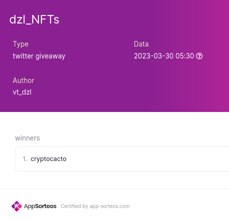 nj_dzl's tweet photo. This was the winner of the raffle, raffle from 100 followers to 1000 followers
#SORTEO #NFTGiveaways #NFTCommunity #NFTartwork #nftsorteio #dzl_NFTs https://t.co/R5CpnVTqGx