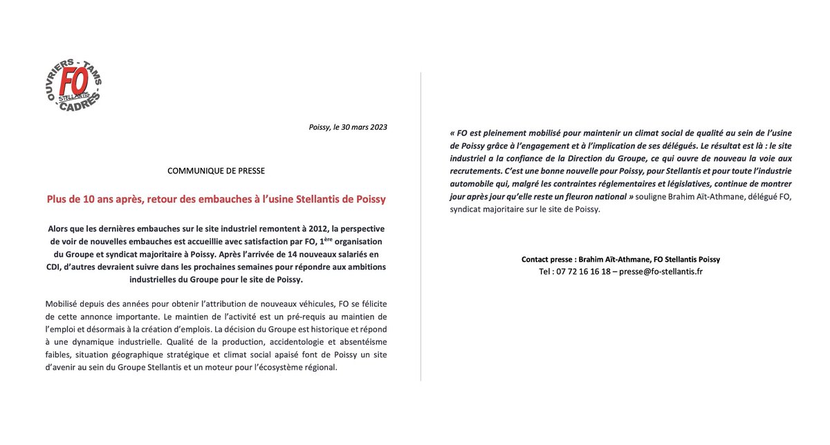 FO_Stellantis's tweet photo. [COMMUNIQUE] Plus de 10 ans après, retour des embauches à l’usine Stellantis de Poissy ! 
👇👇👇 
Lire notre communiqué 
#automobile #emploi #social https://t.co/A4AYQAIDiM