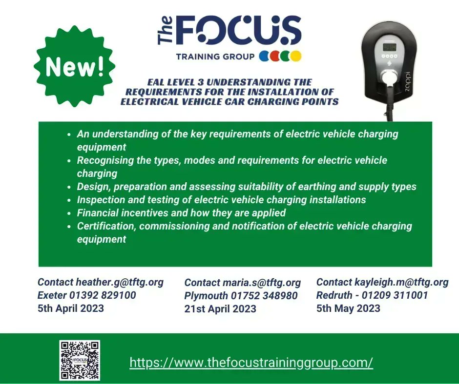 focustrainingsw's tweet photo. The EV charging point course is for experienced electrical installers looking to expand their business.
Exeter - heather.g@tftg.org 01392 829100
Plymouth - maria.s@tftg.org 01752 348980 
Redruth - kayleigh.m@tftg.org 01209 311011
To book online - https://t.co/128iDz3XTB https://t.co/W2ElRVG99Z