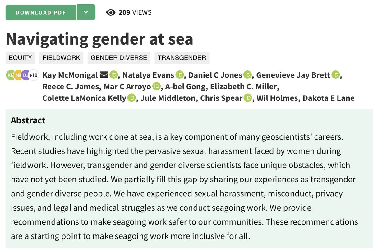 Super important, #openaccess paper: "Navigating Gender at Sea" - trans, gender non-binary, agender, + gender nonconforming authors present problems &amp; improvements around the treatment of gender in oceanographic fieldwork.
authorea.com/users/598376/a…
cc <a href="/JulesDeep/">Julie Huber, PhD</a> @caseymachado