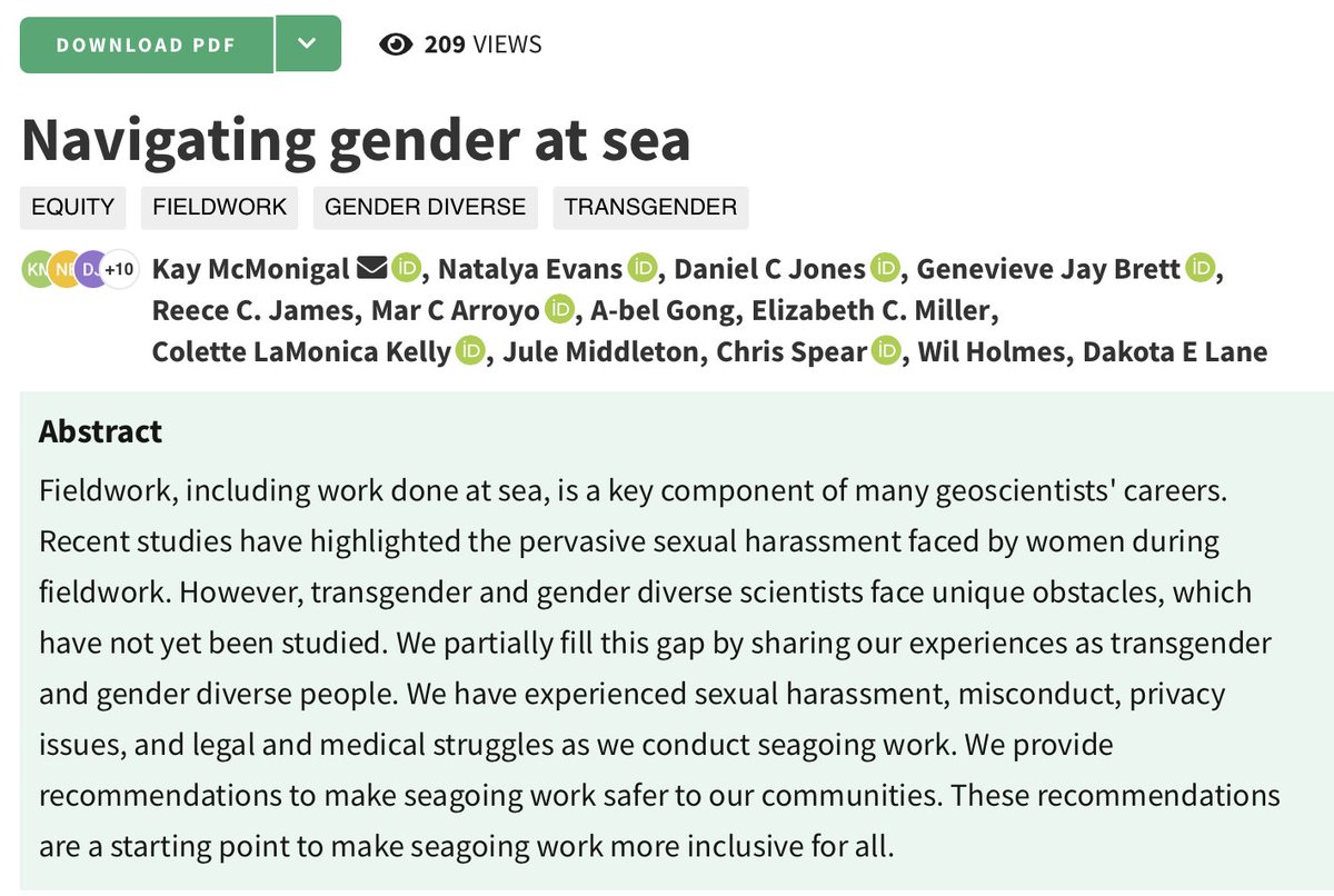 Super important, #openaccess paper: 'Navigating Gender at Sea' - trans, gender non-binary, agender, + gender nonconforming authors present problems & improvements around the treatment of gender in oceanographic fieldwork. authorea.com/users/598376/a… cc @JulesDeep @caseymachado