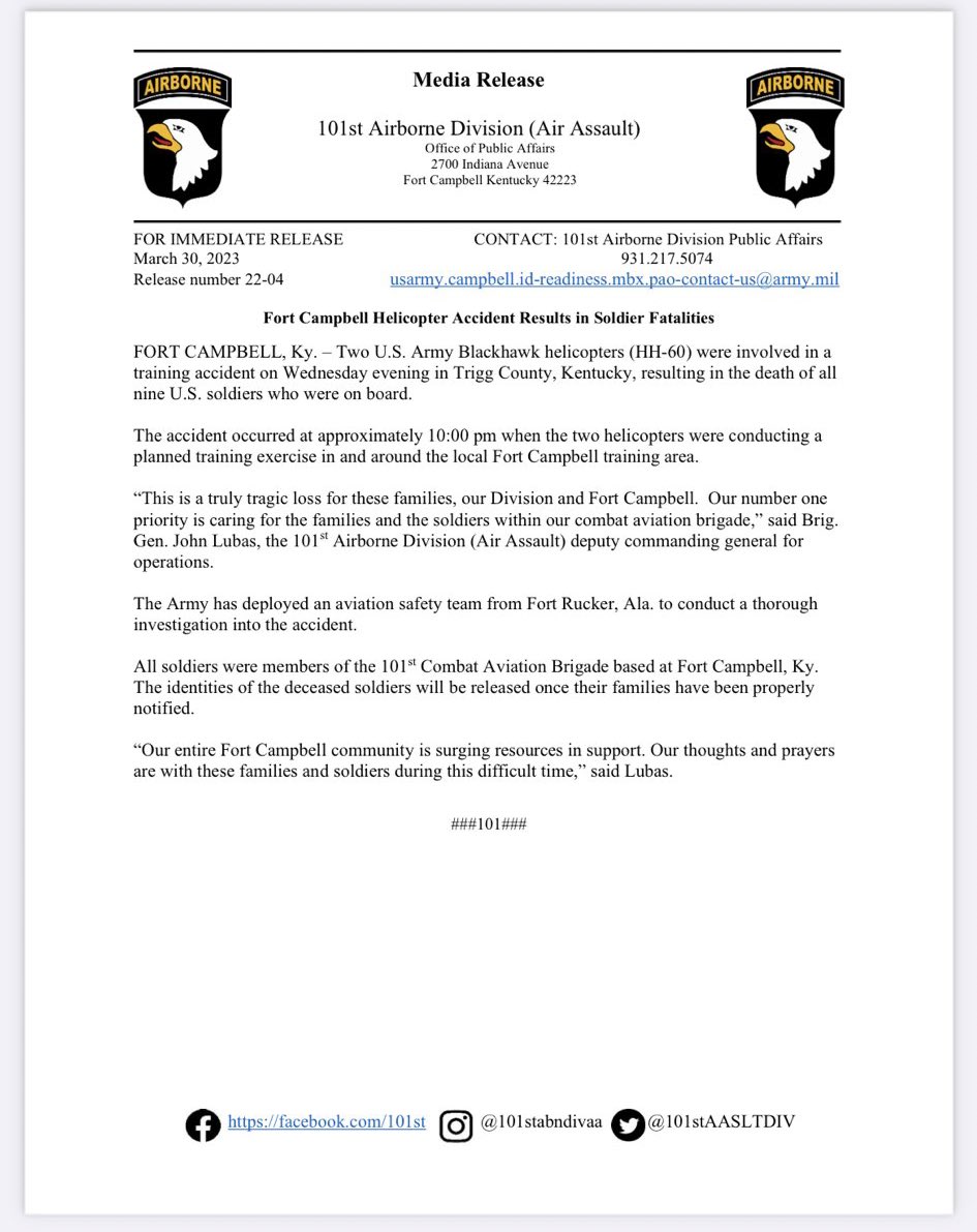 RegimentGG's tweet image. Two U.S. Army Blackhawk helicopters were involved in a training accident last night in Trigg County, Kentucky, resulting in the death of all (9) U.S. Soldiers who were on board.. 

“This is a truly tragic loss for these families, our Division and Fort Campbell.  Our number one…
