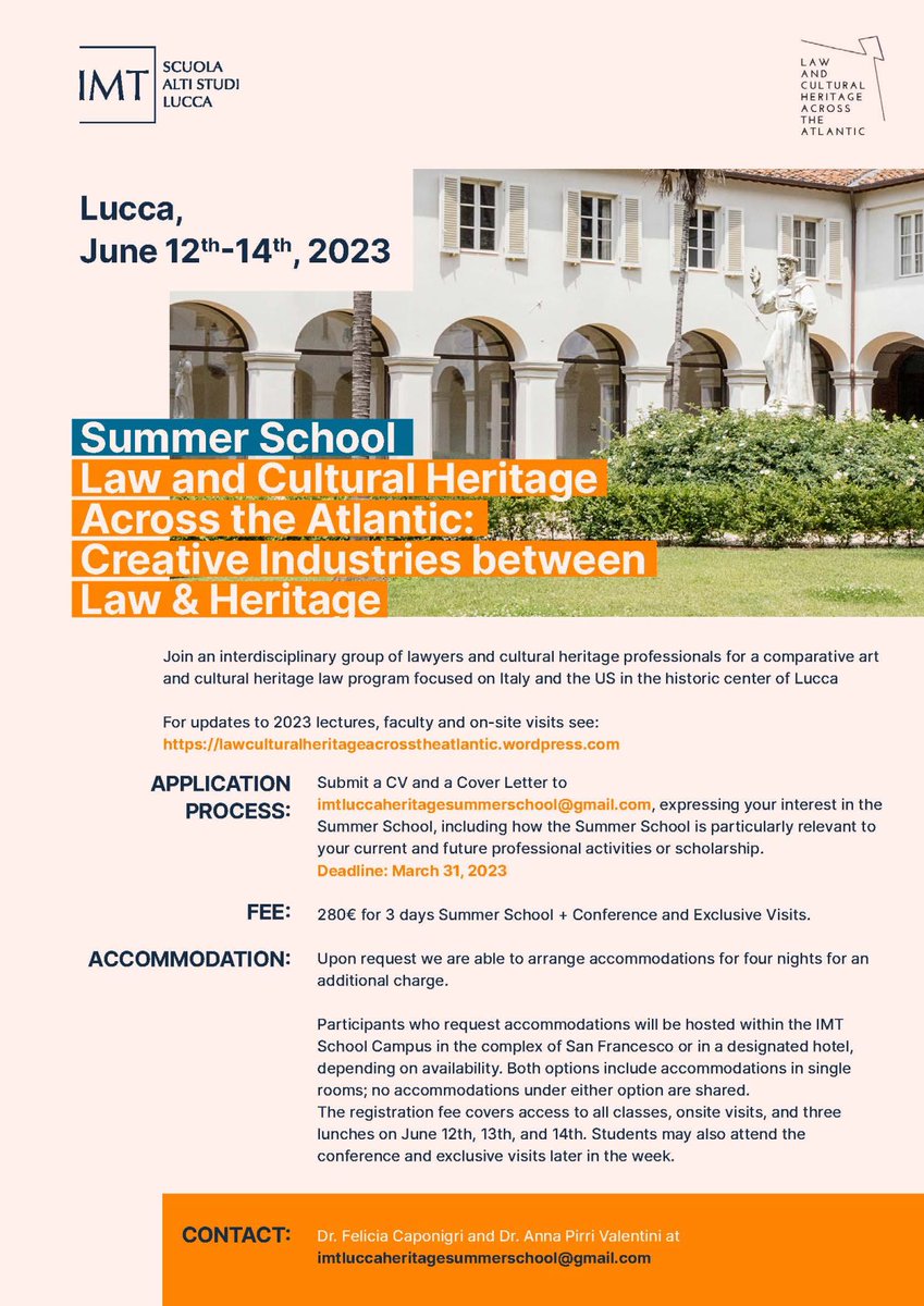 Anna Pirri Valentini (@anna_pirri_) on Twitter photo ā° Still a few days left to send in your applications!
Join us in June at <a href="/IMTLucca/">Scuola IMT Alti Studi Lucca</a> for our Summer School "Creative Industries between Law and Heritage" (more info online ā¦ritageacrosstheatlantic.wordpress.com/proposta-sezioā¦)
Apply here ā¦ritageacrosstheatlantic.wordpress.com/registration/
#art #law #cultural #heritage #italy #usa ā° Still a few days left to send in your applications!
Join us in June at <a href="/IMTLucca/">Scuola IMT Alti Studi Lucca</a> for our Summer School "Creative Industries between Law and Heritage" (more info online ā¦ritageacrosstheatlantic.wordpress.com/proposta-sezioā¦)
Apply here ā¦ritageacrosstheatlantic.wordpress.com/registration/
#art #law #cultural #heritage #italy #usa