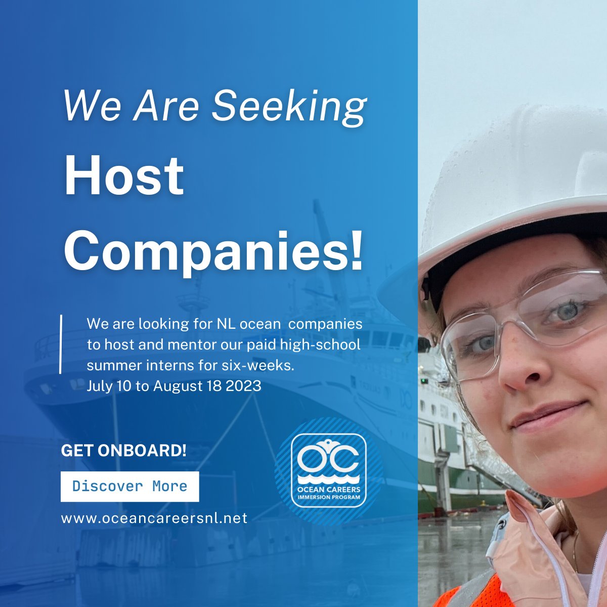 We are seeking host companies for our Summer 2023 High School Internship program.  100% funded six-week on-site placements.  July 10 - August 2023.
Find out more:
oceancareersnl.net
Complete the Expression of Interest:
forms.gle/TxnxwvBGrB9PzX…