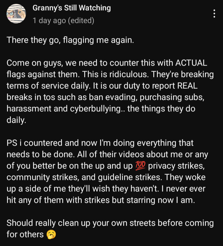 greengrasstrees's tweet photo. @TeamYouTube https://t.co/ohQ8MSSVtl again she won't stop you really need to check out her community posts encouraging mass reporting and constantly bullying folks is against your TOS I have prime and I won't pay for it anymore  because of stuff like this I cancelled https://t.co/t05N5Hf6KB