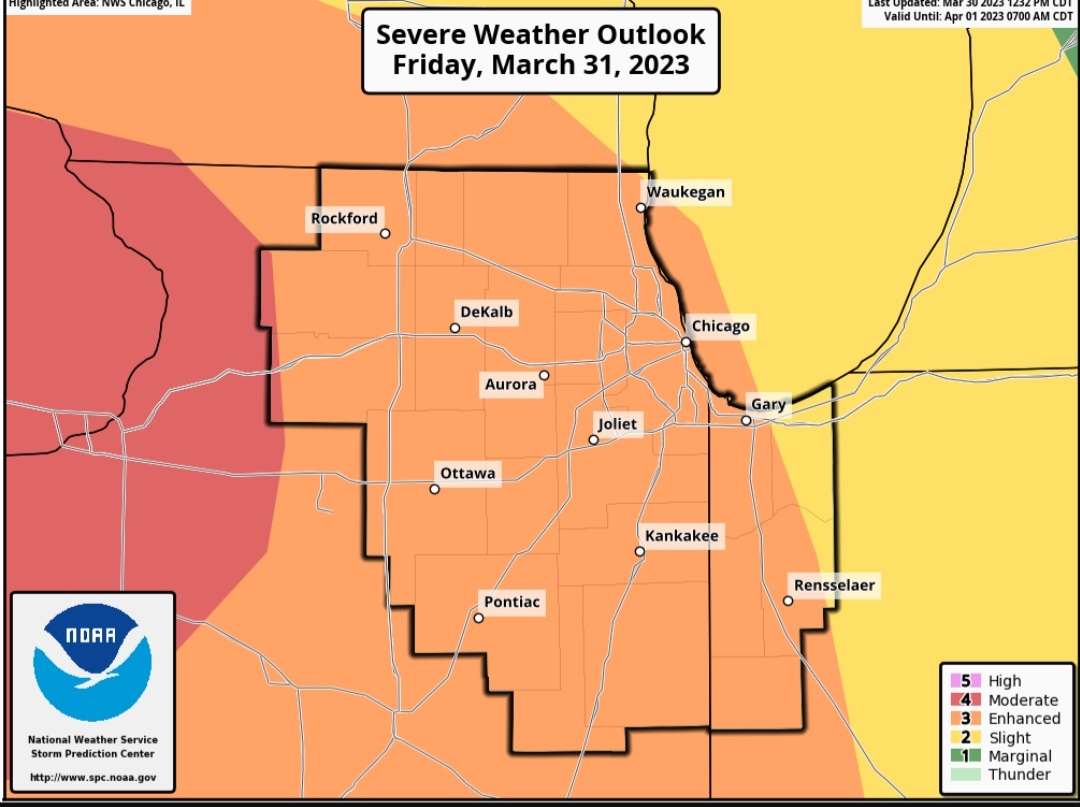 billyweather's tweet photo. ⚠️BREAKING: The entire Chicago area now upgraded to level 3 of 5 (enhanced risk) for severe storms Friday afternoon/night. All modes of severe weather possible. Be alert and have ways to receive warnings. Stay with @WGNNews for the latest. #ilwx #inwx https://t.co/rBvU1XnK1W