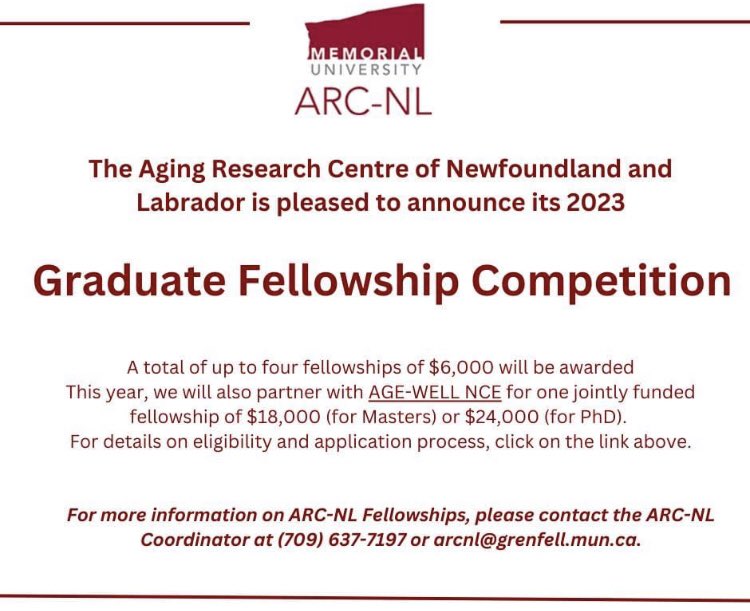 ARC-NL's annual call for Graduate Fellowships! For more info visit: grenfell.mun.ca/academics-and-…