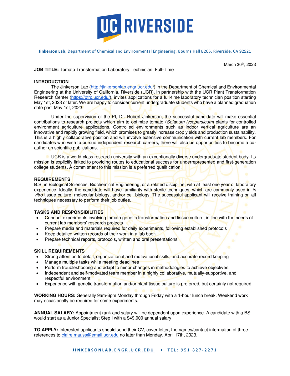 My lab is hiring! We are looking for a full-time lab technician to assist with tomato transformations starting May 1st, 2023 or later. Please share this opportunity! Interested applicants can reach out to me with any questions. 🍅