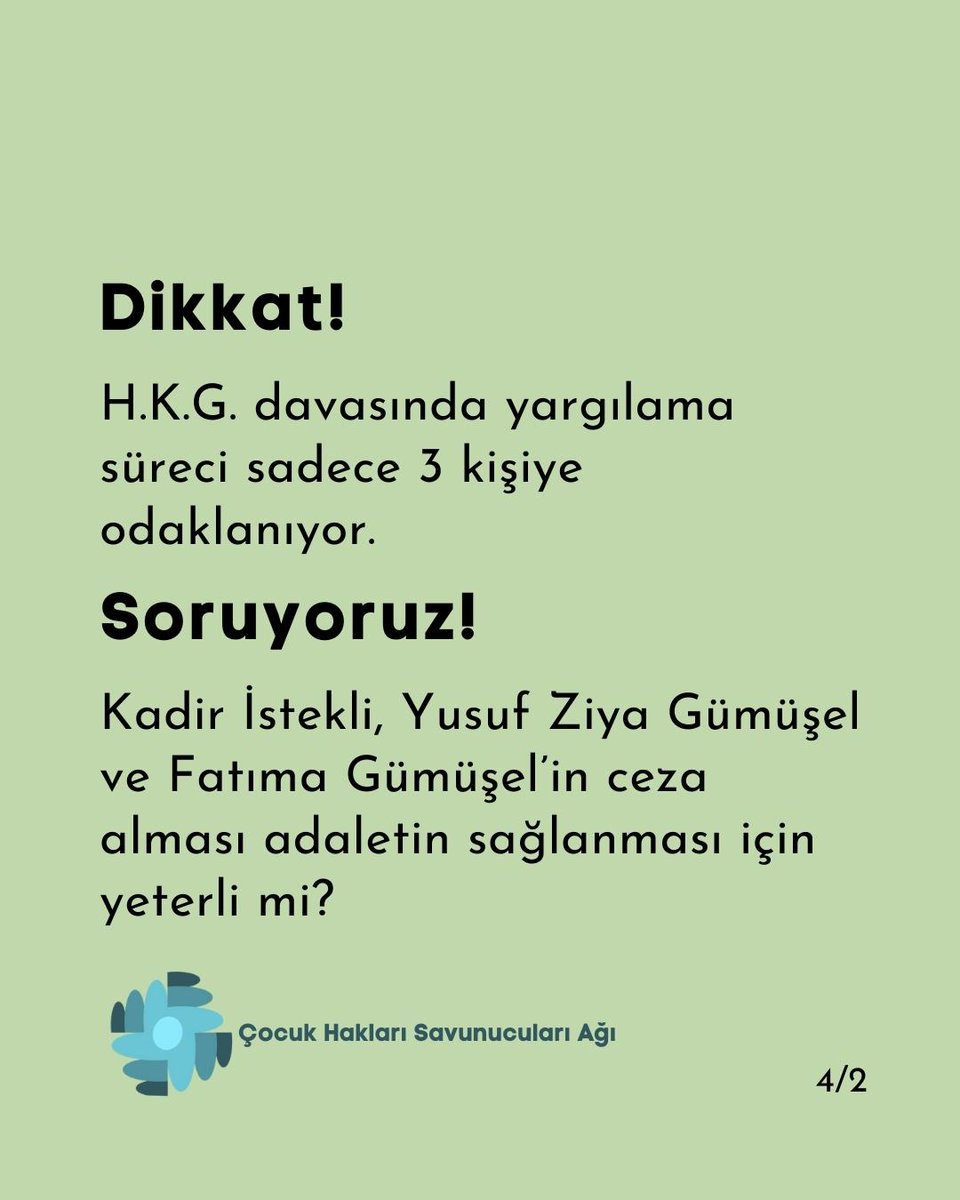 Dikkat!
H.K.G. davasında yargılama süreci sadece 3 kişiye odaklanıyor.

Soruyoruz!
Kadir İstekli, Yusuf Ziya Gümüşel ve Fatıma Gümüşel’in ceza alması adaletin sağlanması için yeterli mi?