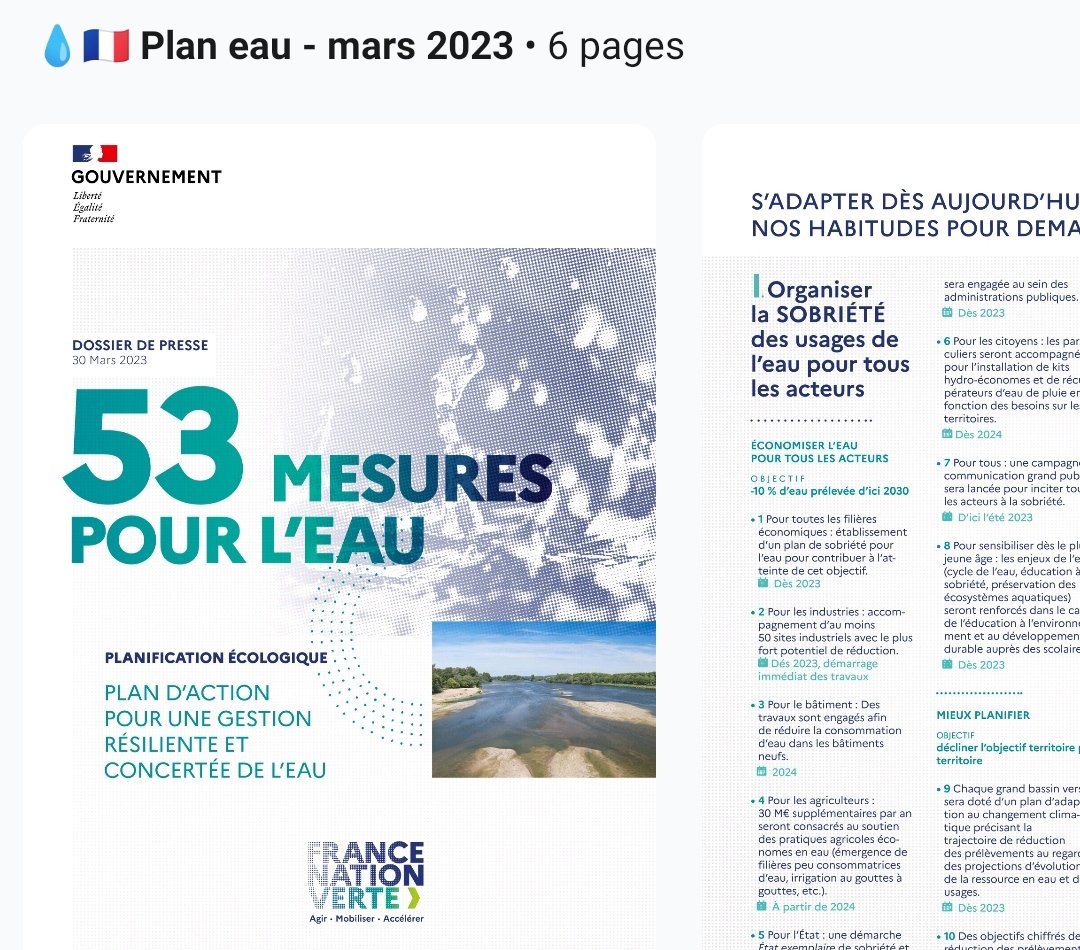 audouinc's tweet photo. 💧🇫🇷 Plan Eau  (mars 2023)
Découvrez le détail des 53 mesures du «plan eau» présenté par Emmanuel Macron aujourd'hui et attendues depuis janvier.
⤵️ Lire le document rendu public par le Gouvernement
https://t.co/5teeenLal9 https://t.co/HTCTs2XZcv
