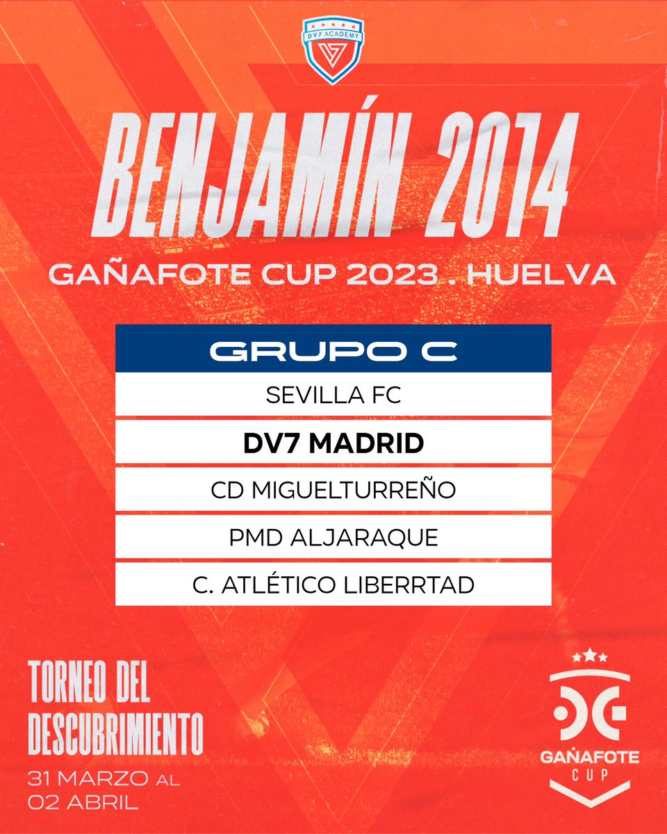 DV7AcademyMad's tweet photo. ⚽️🏆 Estos son los grupos que tendrán nuestros equipos en la @ganafotecup. Nuestros jugadores y staff partirán mañana a Huelva y disputarán el torneo hasta el 2 de abril.

¡Vamos DV7 Madrid! 

#BeTheNextDavidVilla @davidvilla

@226ERS https://t.co/bFGMaH84SE