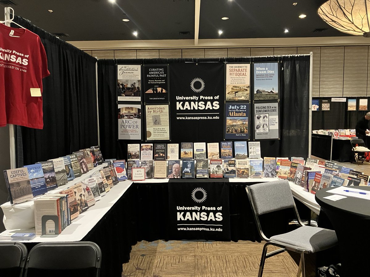 I’m all set up at #OAH2023! If you’re in LA for the conference, please stop by and talk to me about your research. I’m excited about the history list I’m building @Kansas_Press.