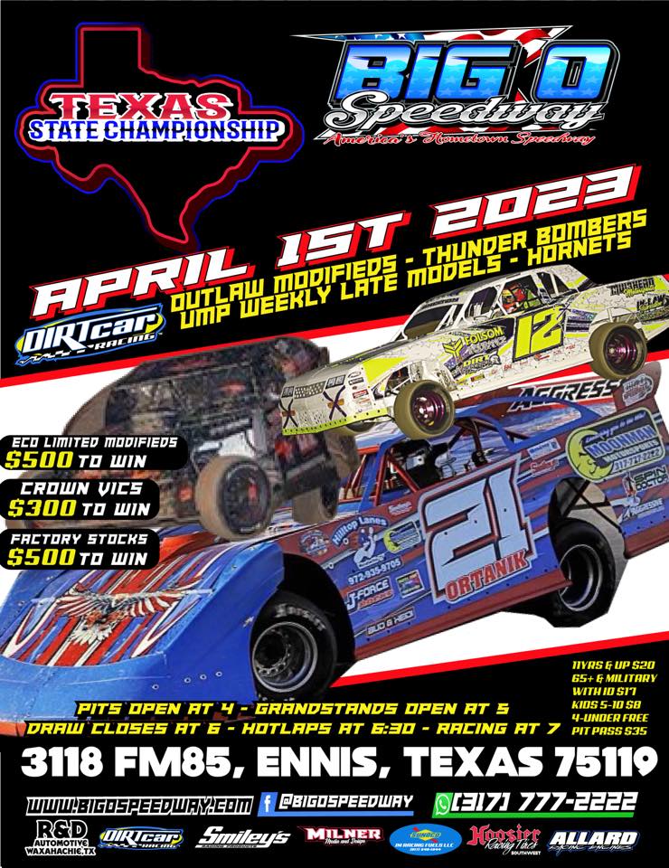 Don’t miss this edge of your seat racing out on the South Trail of the Ennis Bluebonnet Trails! Big O Speedway will be hosting races every weekend. But the Texas State Championships are this Saturday, April 1st.